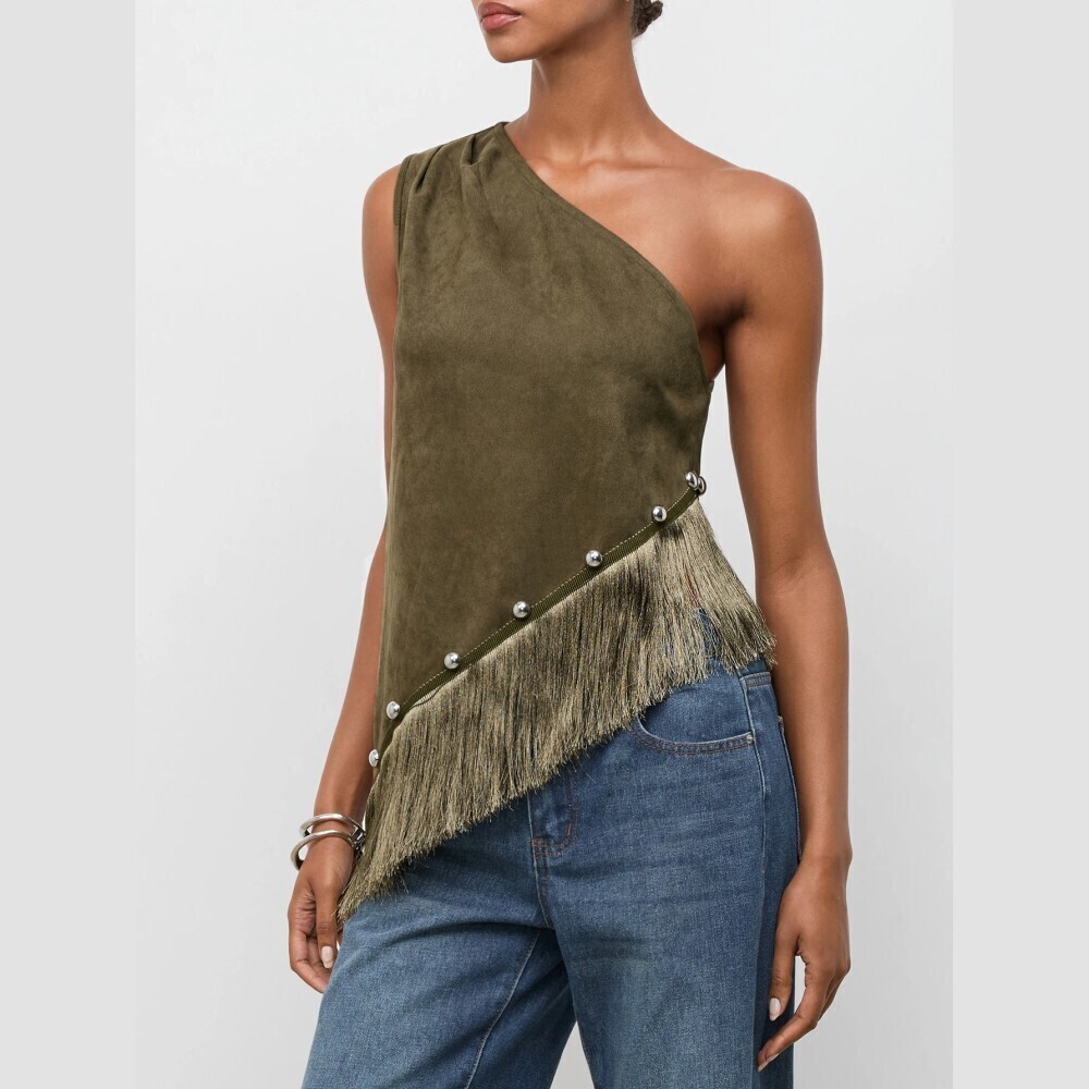 Olive Green Faux Suede Studded Fringe Asymmetrical Top - Picture 4 of 8